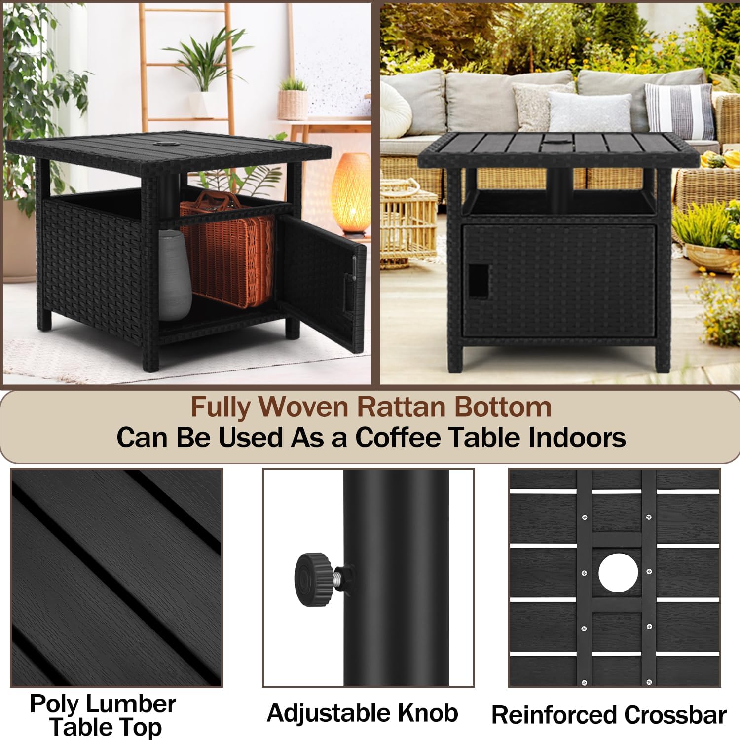 Outdoor Patio Umbrella Side Table with Umbrella Hole Small Wicker Coffee Table