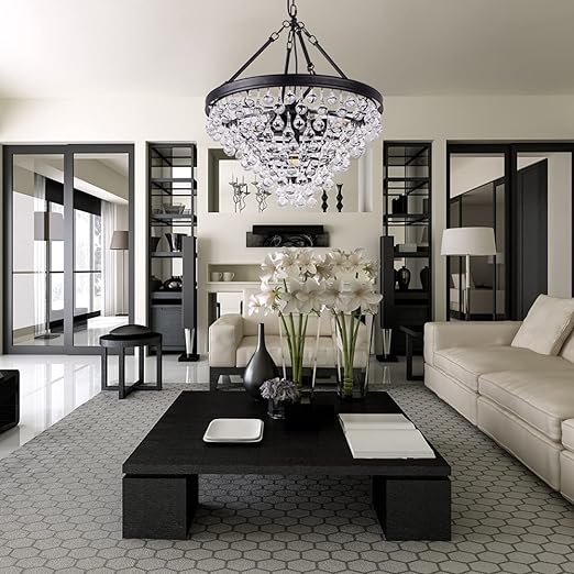 Modern Crystal Chandeliers, 6 Lights Black Chandeliers for Dining Room, Farmhouse Ceiling Light Fixture for Foyer, Bedroom, Living Room, Entryway, Kitchen Island, 20”Dia