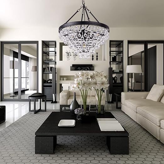 Modern Crystal Chandeliers, 6 Lights Black Chandeliers for Dining Room, Farmhouse Ceiling Light Fixture for Foyer, Bedroom, Living Room, Entryway, Kitchen Island, 20”Dia