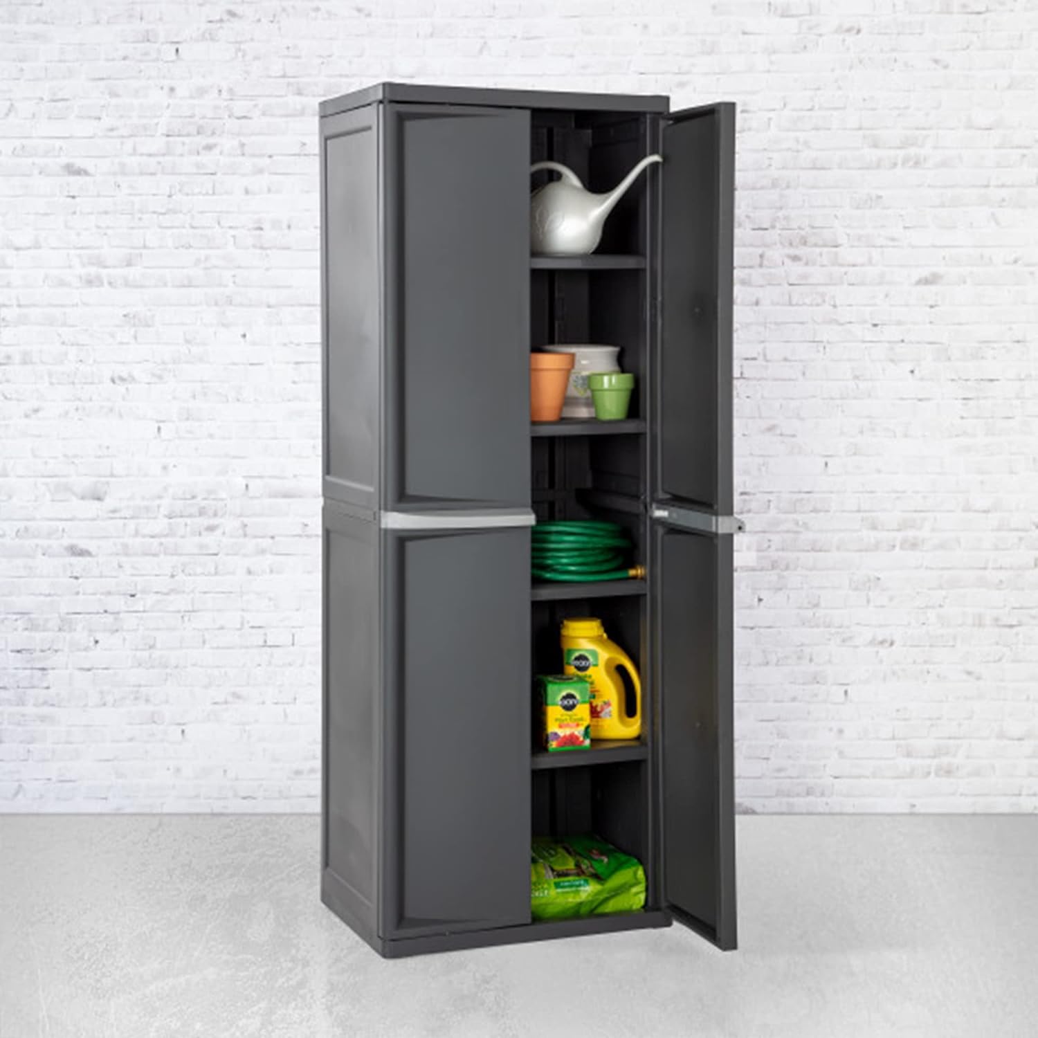 4 Shelf Cabinet, Heavy Duty and Easy to Assemble Plastic Storage Unit, Organize Bins in the Garage, Basement, Attic, Mudroom, Gray, 1-Pack