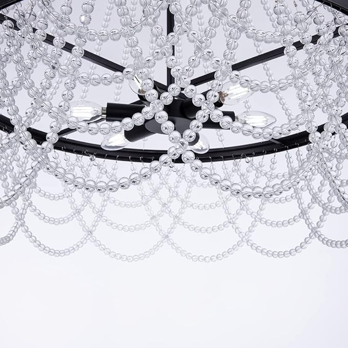 Black Beaded Chandelier 27inch, 4 Lights Modern Crystal Chandelier, Boho Light Fixture Ceiling for Bedroom Foyer Dining Room, French Empire Chandelier Lighting with Glear Glass Bead