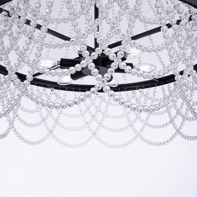 Black Beaded Chandelier 27inch, 4 Lights Modern Crystal Chandelier, Boho Light Fixture Ceiling for Bedroom Foyer Dining Room, French Empire Chandelier Lighting with Glear Glass Bead