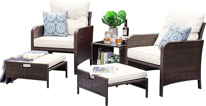 5 Pieces Outdoor Wicker Patio Furniture Set, All Weather PE Rattan Conversation Set