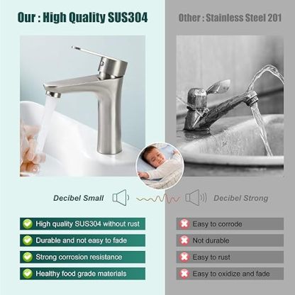 Brushed Nickel Bathroom Faucet Single Handle 1 Hole SUS304 Stainless Steel Deck Mount Lavatory Single Switch Basin Sink Hot and Cold Water Mixer Tap with Pop Up Drain