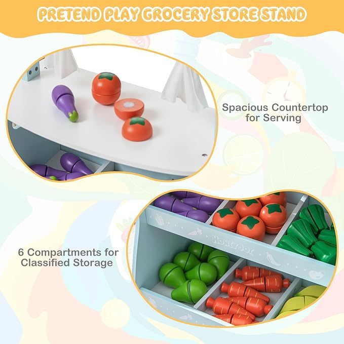 Pretend Play Wooden Toddler Fruit Stand w/36 Cutting Food Vegetable Accessories