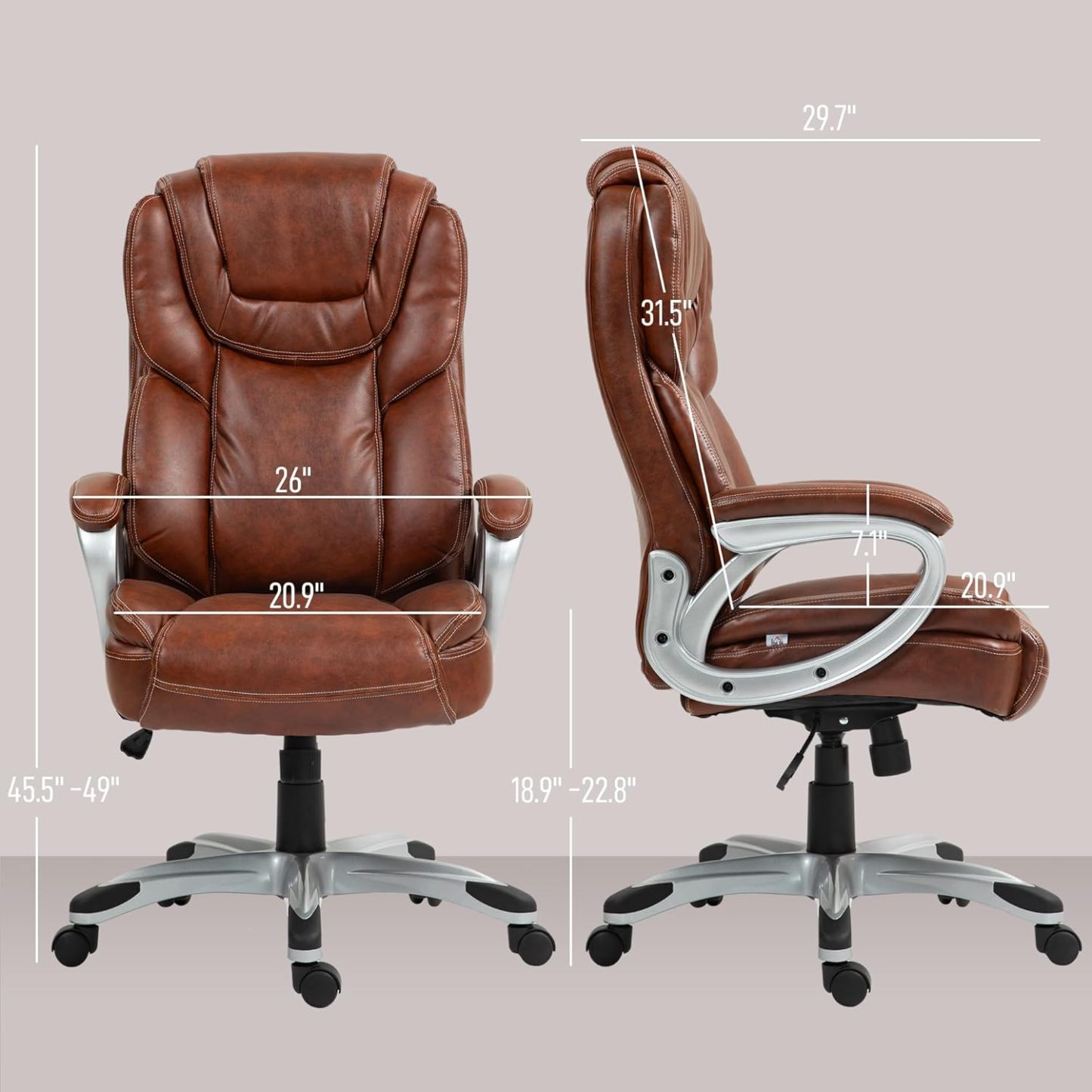 Padded Armrest, Swivel Wheels, Executive PU Leather Computer Chair, Adjustable Height