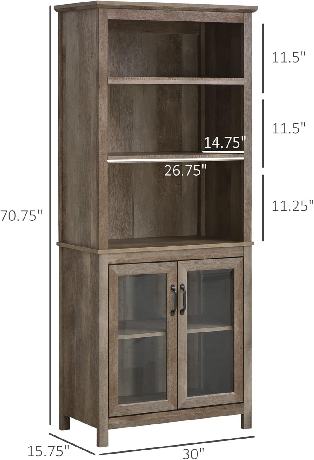 71" Bookcase Storage Hutch Cabinet with Adjustable Shelves and Glass Doors