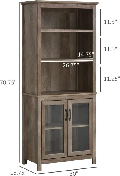 71" Bookcase Storage Hutch Cabinet with Adjustable Shelves and Glass Doors