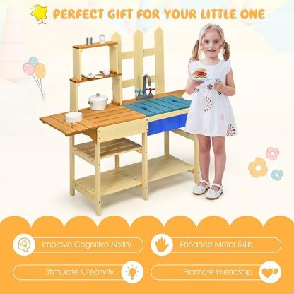 Indoor Outdoor Wooden Pretend Play Toy Kitchen with Removable Sink