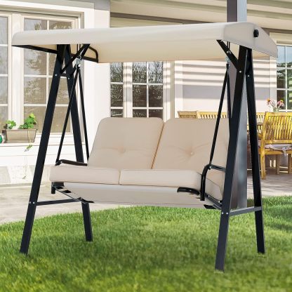2-Seat Porch Swing Chair, Patio Swing Chair with Stand and Removable Cushions, Outdoor Canopy Swing Chair for Outside, Backyard, Garden(Beige Cushion&Steel Frame)