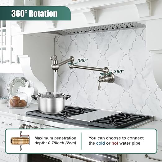 Restaurant Double Handles Pot Filler Brushed Nickel Kitchen Folding Faucet with 360 Degrees Swing Arm Classical Heyalan Single Hole SUS304 Stainless Steel Wall Mount Dual Joints