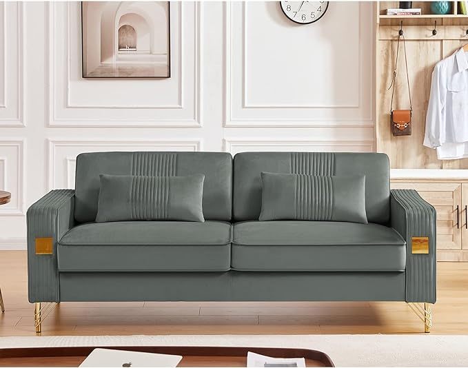 79”W Velvet Small Sofa Couch, Modern Oversized Loveseat with 2 Matching Pillows