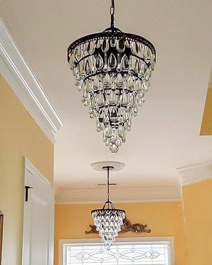 14 Inch Crystal Chandelier,Farmhouse Bronze Bathroom Chandeliers,4-Light Foyer Lighting Hanging Pendant Light Fixture for Bedroom Entryway Living Kids Room Corridor Closet