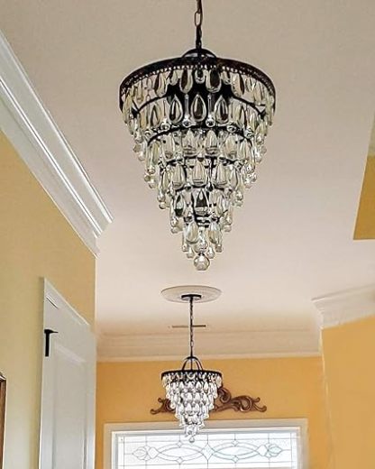 14 Inch Crystal Chandelier,Farmhouse Bronze Bathroom Chandeliers,4-Light Foyer Lighting Hanging Pendant Light Fixture for Bedroom Entryway Living Kids Room Corridor Closet