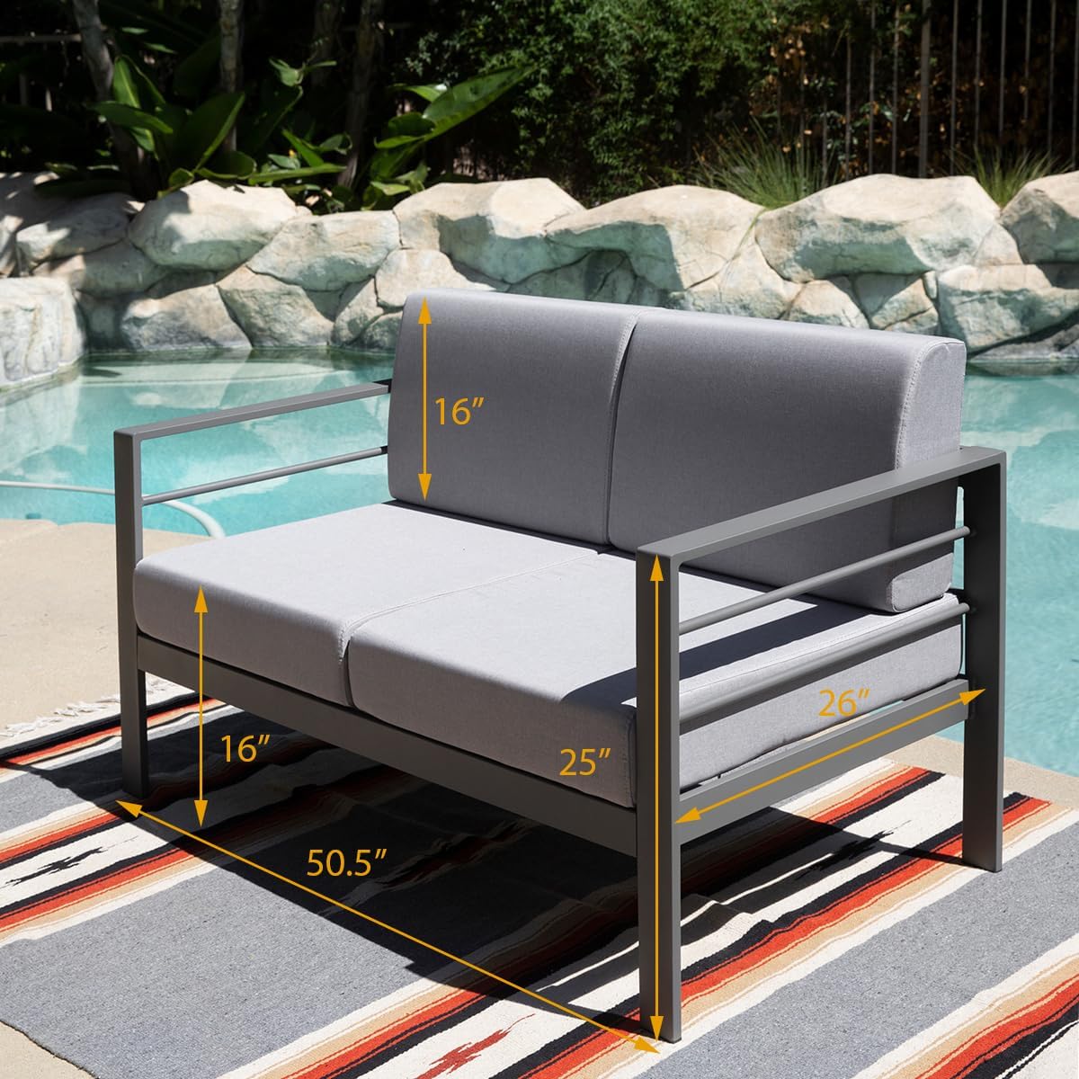 2-Seater Outdoor Loveseat Aluminum Patio Furniture Sofa, All-Weather Outdoor Couch with Cushion, Grey