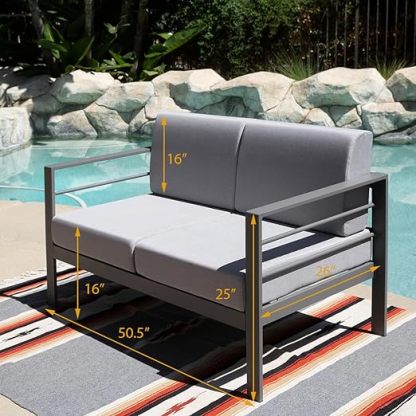 3-Pieces Aluminum Outdoor Patio Sofa, All-Weather Outdoor 5-Seater Couch Loveseat with Coffee Table - Gray