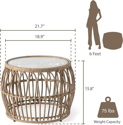 Boho Rattan Round Coffee Table Outdoor with 5mm Tempered Glass Top