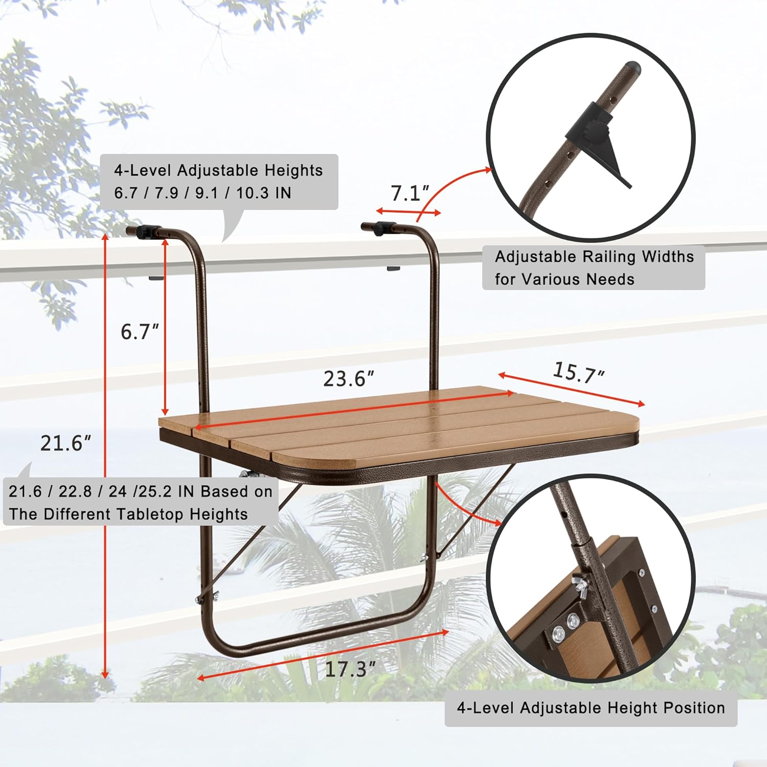 Balcony Railing Table Hanging Folding Balcony Bar Table for Deck Railings Outdoor