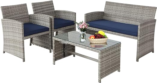 4 Pieces Patio Furniture Sets Outdoor Sectional Wicker Set Outdoor Conversation Set Patio Set Patio Loveseats with Coffee Table Porch, Poolside, Terrace, and Yard (Grey-Dark Blue)