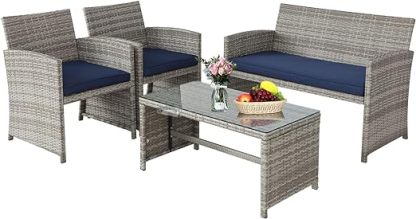 4 Pieces Patio Furniture Sets Outdoor Sectional Wicker Set Outdoor Conversation Set Patio Set Patio Loveseats with Coffee Table Porch, Poolside, Terrace, and Yard (Grey-Dark Blue)