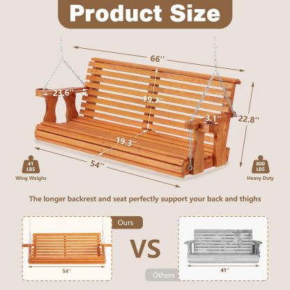 6.5FT Wooden Porch Swing 2-Seater, Outdoor Porch Swing with Cupholders, Heavy Duty 800 LBS, Swing Bench for Outdoor