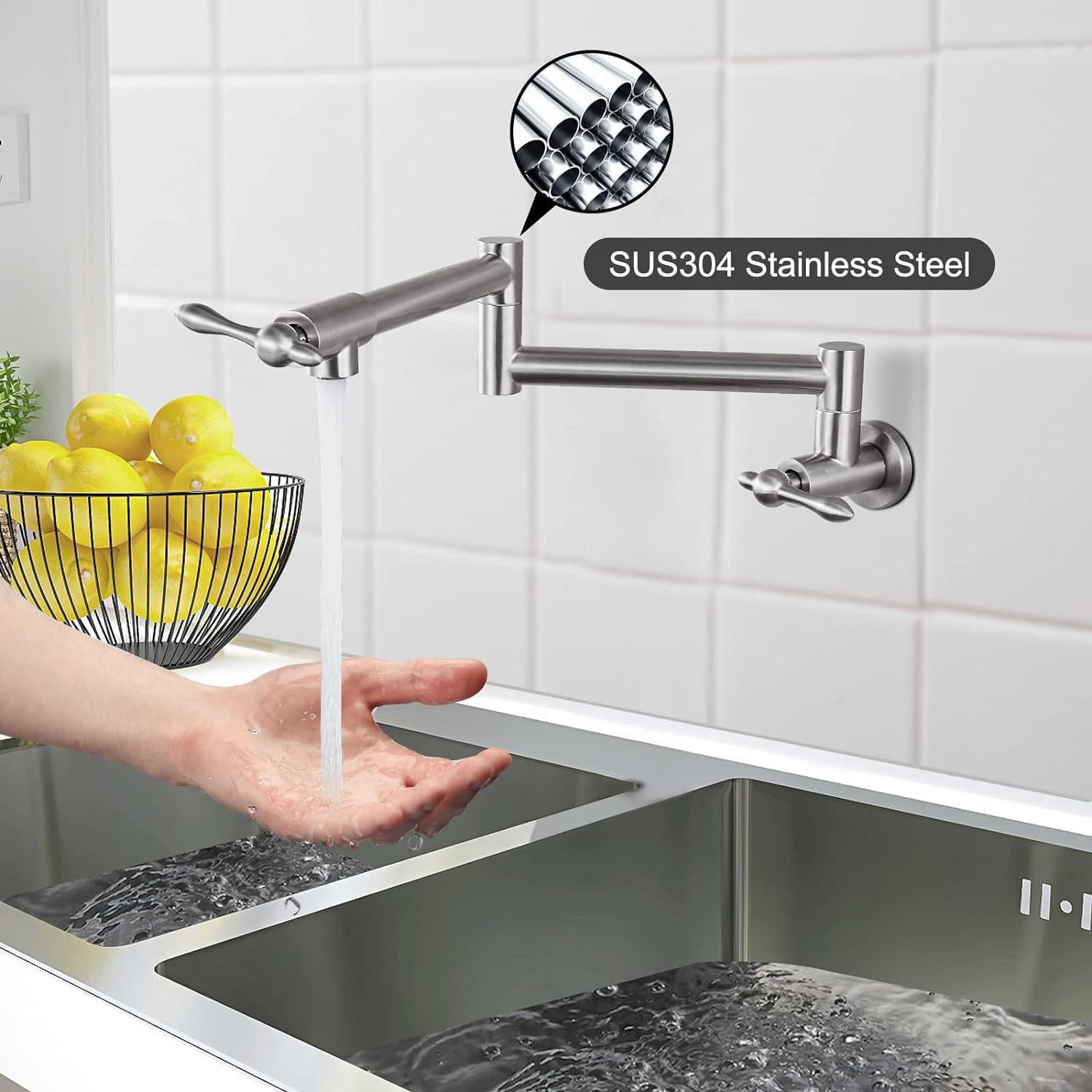 Pot Filler Faucet Stainless Steel SUS304 Brushed Nickel Double Joint Spout Stretchable Swing Arm with Single Hole 19 Inch Two Handles Wall Mounted Commercial Kitchen Faucet