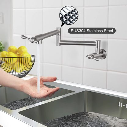 Pot Filler Faucet Stainless Steel SUS304 Brushed Nickel Double Joint Spout Stretchable Swing Arm with Single Hole 19 Inch Two Handles Wall Mounted Commercial Kitchen Faucet