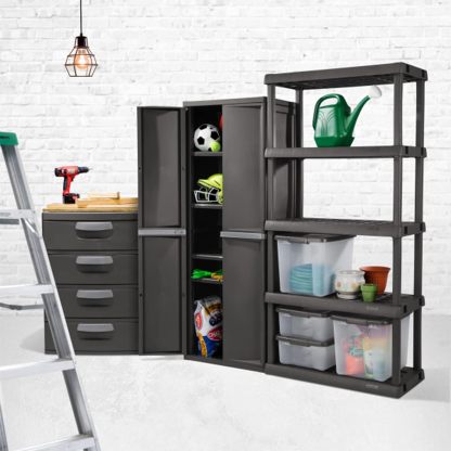 4 Shelf Cabinet, Heavy Duty and Easy to Assemble Plastic Storage Unit, Organize Bins in the Garage, Basement, Attic, Mudroom, Gray, 1-Pack