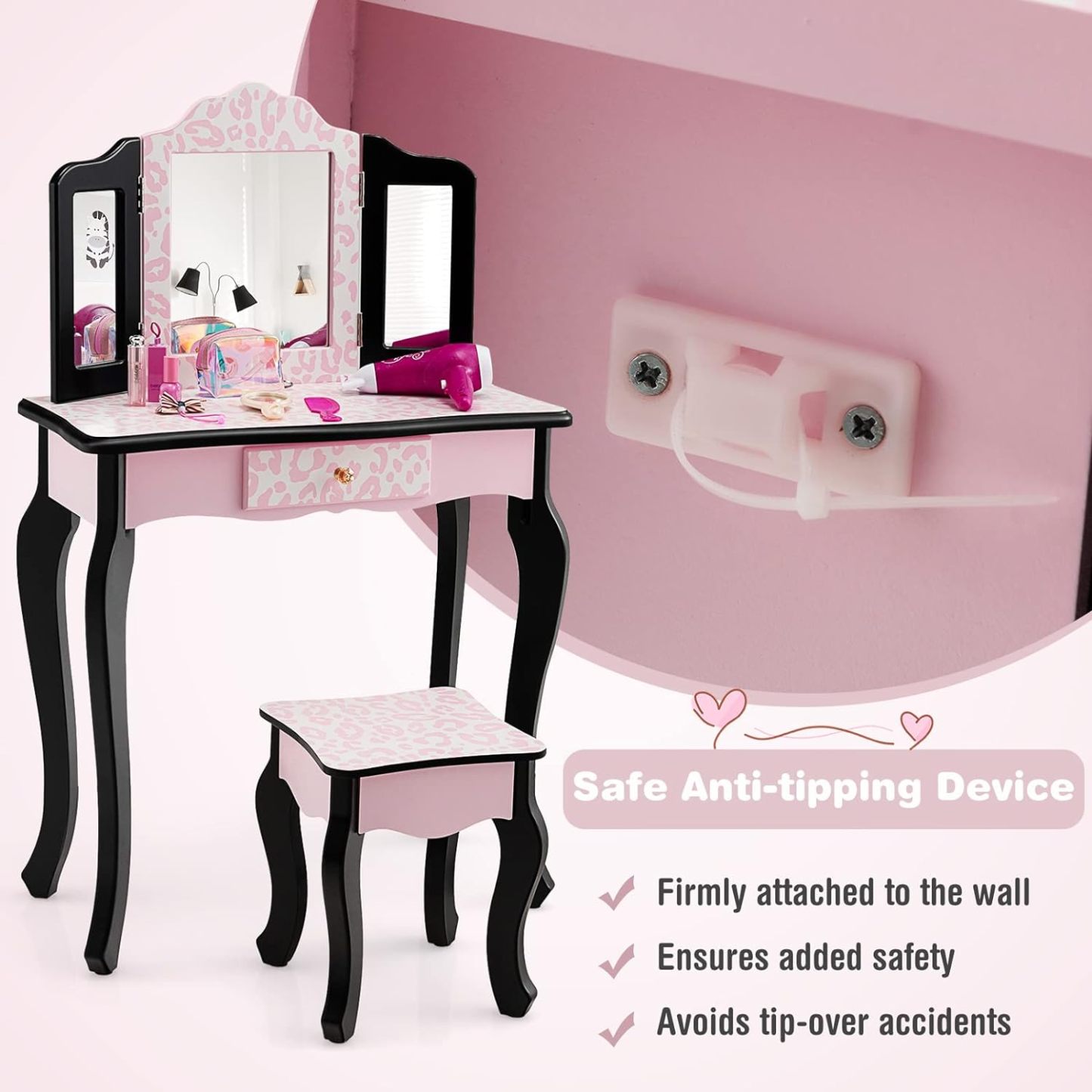 Kids Vanity, Princess Makeup Vanity Set for Little Girls, Real Glass Tri-Folding Mirror