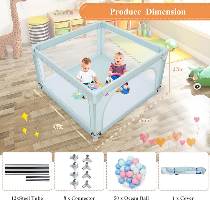 Extra Large Baby Gate Playpen w/ 50 Ocean Balls, No Gaps Infant Safety Gates with Breathable Mesh