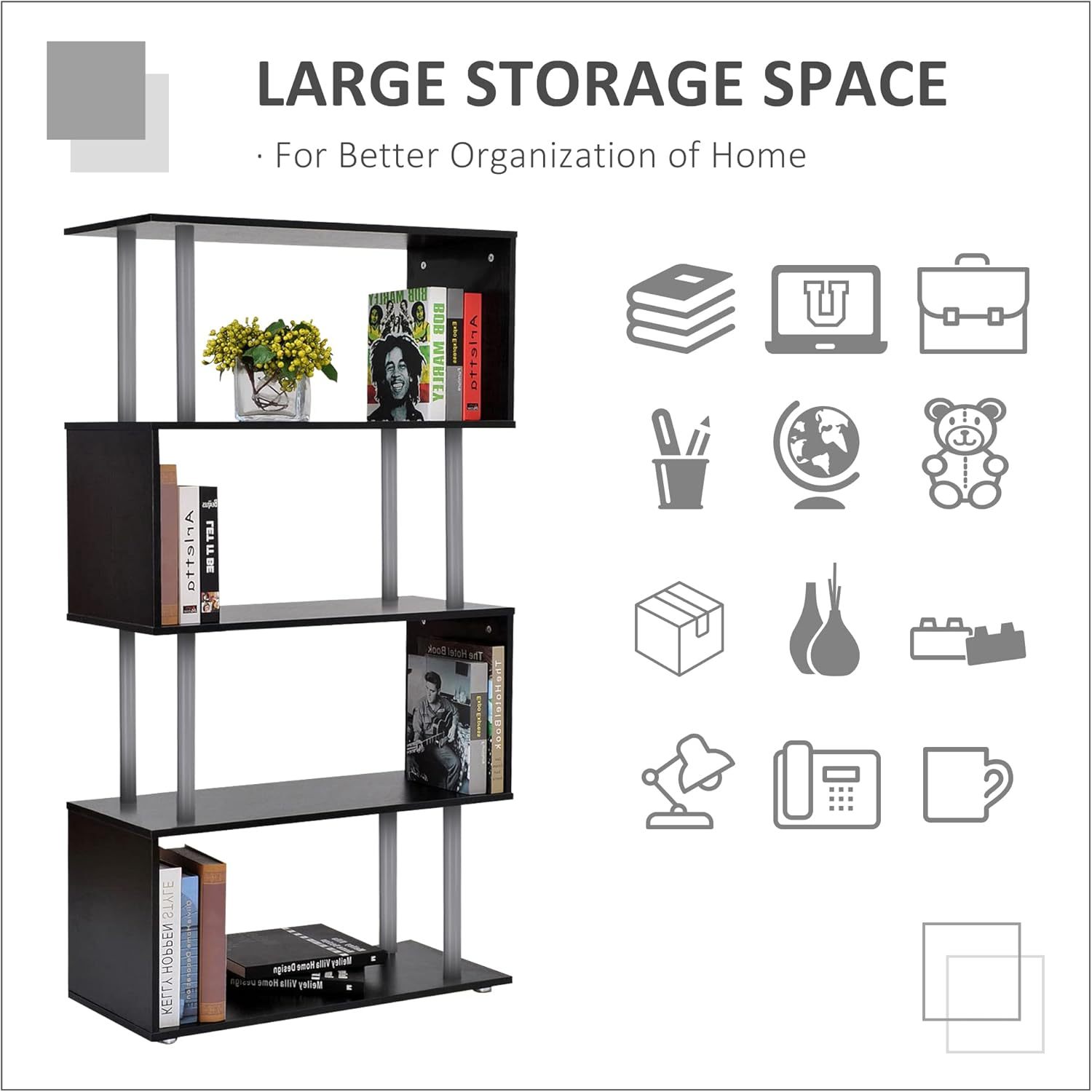 Modern S-Shaped 5 Tier Room Dividing Bookcase Wooden Storage Display Stand Shelf