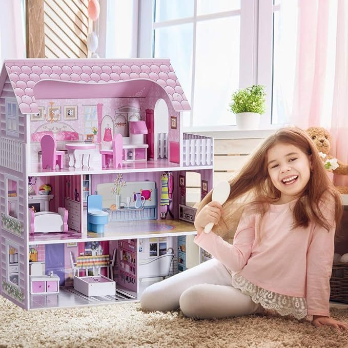 Dollhouse with 8 Pcs Furniture, 3-Level Wooden Dream Doll House
