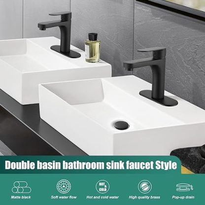 Matte Black Single Hole Bathroom Faucet,1 Handle Brass Bathroom Sink Faucets Basin Mixer Tap Deck Mount Lavatory Vanity Restroom Faucet Deck Plate Pop Up Drain Included