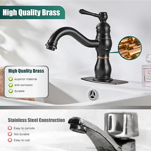 Oil Rubbed Bronze Bathroom Sink Faucet 1 Hole Single Handle Vanity Mixer Tap Deck Mount Lavatory Pop Up Drain with Overflow Included Commercial Bathroom Faucet Single Handle Bathroom Sink Faucet