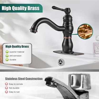 Oil Rubbed Bronze Bathroom Sink Faucet 1 Hole Single Handle Vanity Mixer Tap Deck Mount Lavatory Pop Up Drain with Overflow Included Commercial Bathroom Faucet Single Handle Bathroom Sink Faucet
