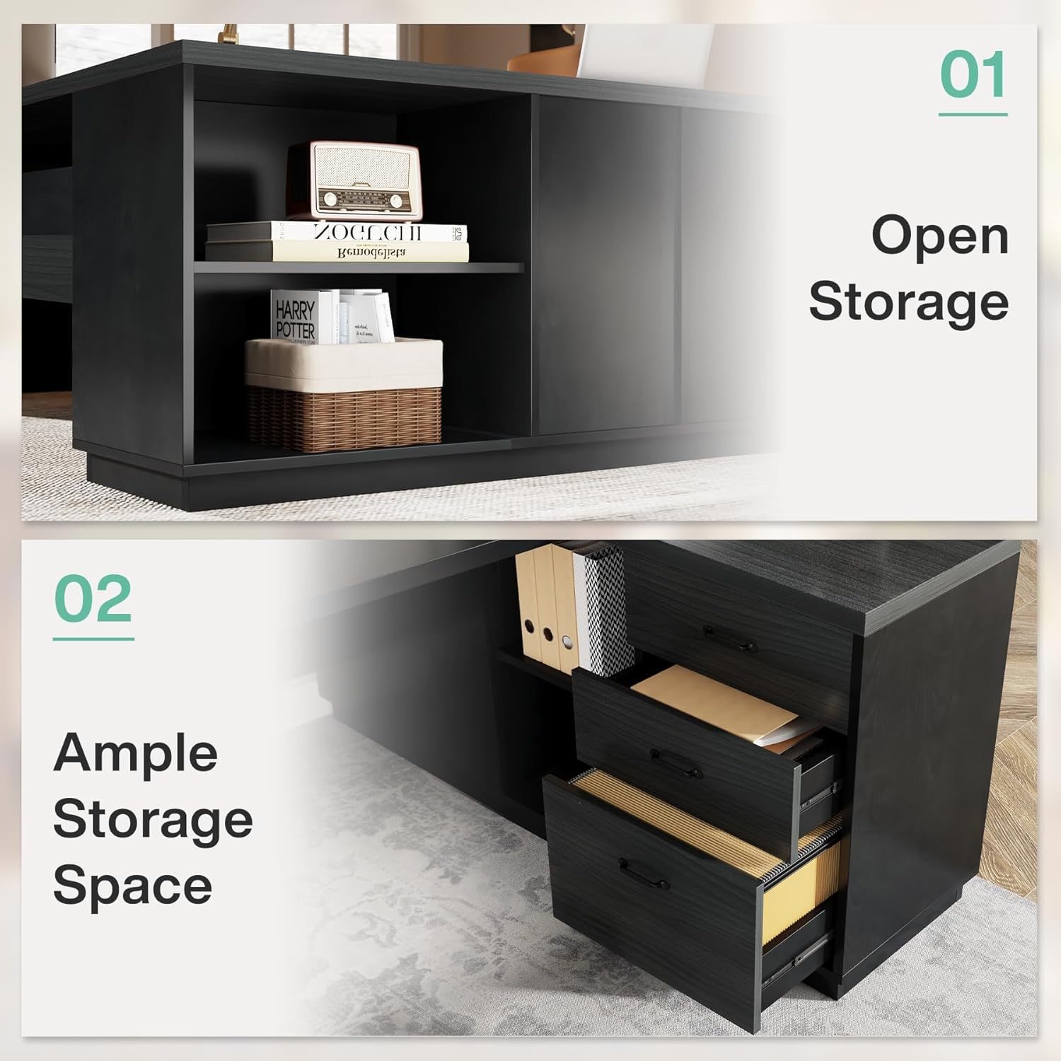 78" L-Shaped Executive Desk, Large Modern Office Desk with Drawers and Lateral File Cabinet