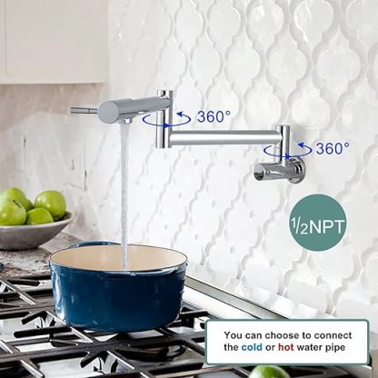 Kitchen Restaurant Faucet Polished Chrome 19 Inch Wall Mounted Folding Stretchable Double Joint Swing Arm Single Hole Two Handles Commercial NPT Stainless Steel Pot Filler