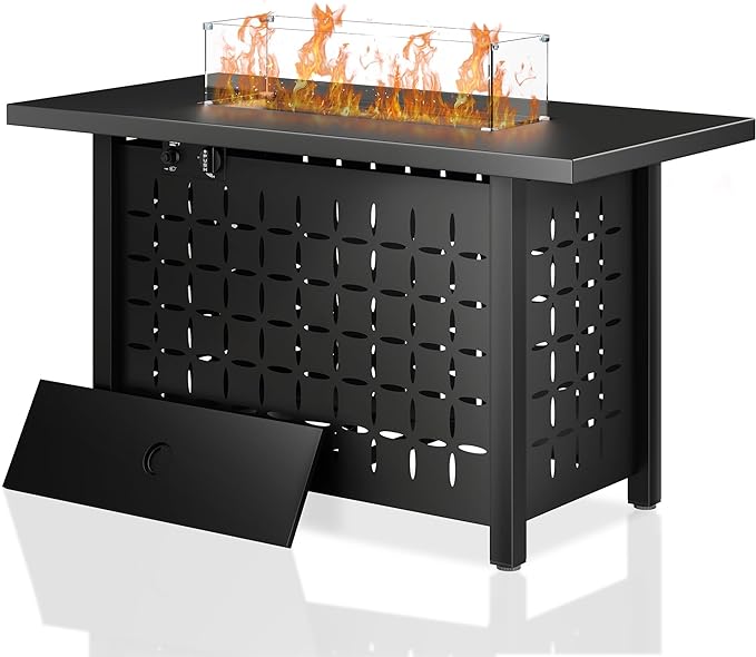 30 inch Propane Fire Pit, Square Gas Fire Pit Table with Grey Ceramic Tile Tabletop and Lid