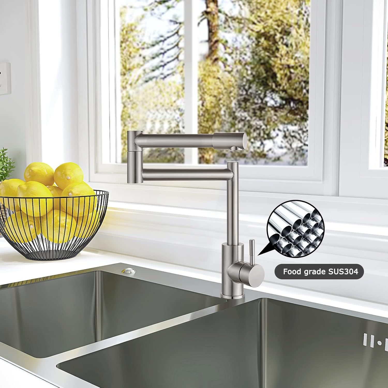 Brushed Nickel Pot Filler Faucet Deck Mounted Single Handle Double Joints Free Rotating Modern Pot Filler Deck Mounted Countertop Retractable Commercial Kitchen Sink Faucet Stainless Steel