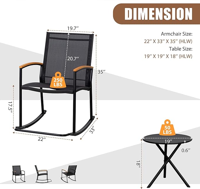 3 Piece Outdoor Rocking Bistro Set, Textilene Fabric Small Patio Furniture Set