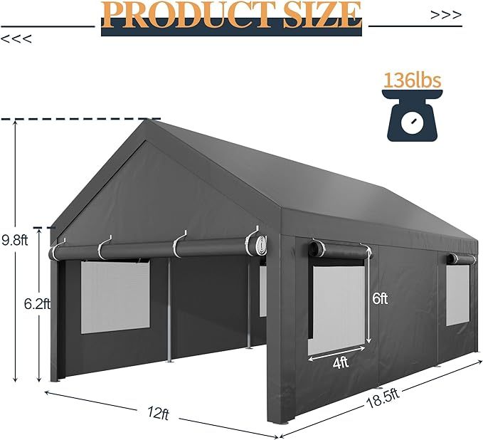 12x18.5ft Heavy Duty Carport, Portable Garage with Removable Sidewalls, Doors and Ventilated Windows