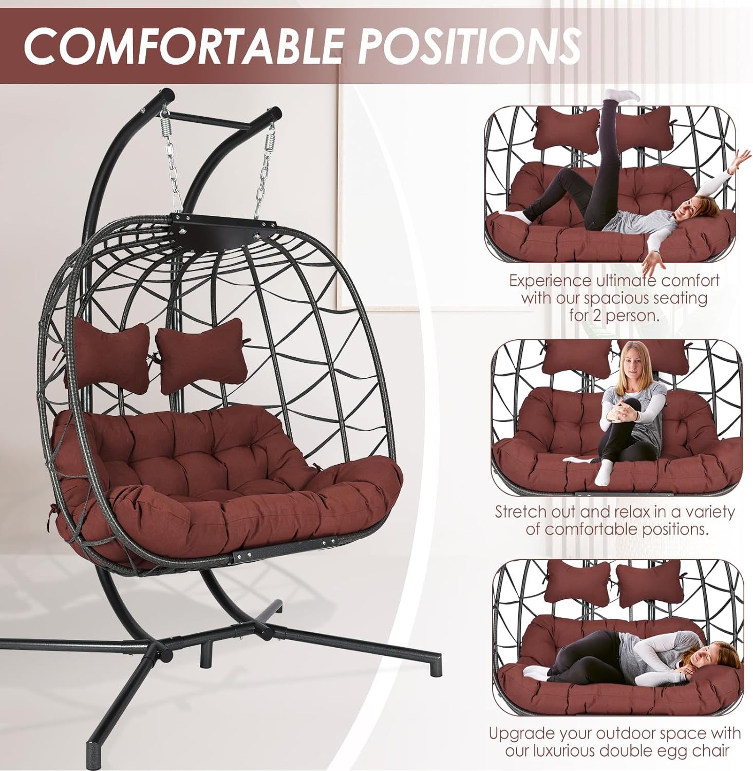 Double Egg Chair with Stand Wicker Swing Chair for 2 Person