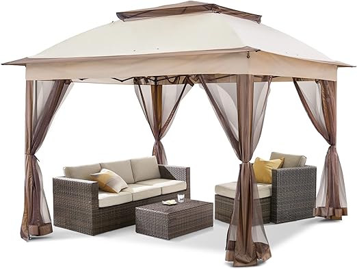 11x11 Pop-Up Instant Gazebo Tent with Mosquito Netting Outdoor Canopy Shelter with 121 Square Feet of Shade by COOS BAY (Beige)