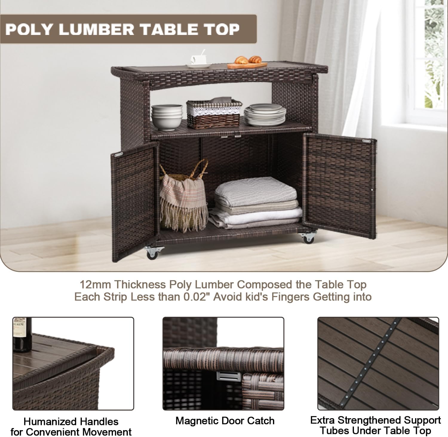 Outdoor Storage Cabinet,Outdoor Cabinet for Patio Outdoor Bar Cart with Rolling Heels