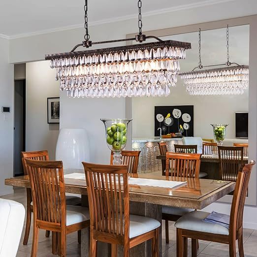 Dining Room Crystal Chandelier,30 inch Antique Bronze Rectangle Crystal Ceiling Light,4 Lights Farmhouse Kitchen Island Lighting