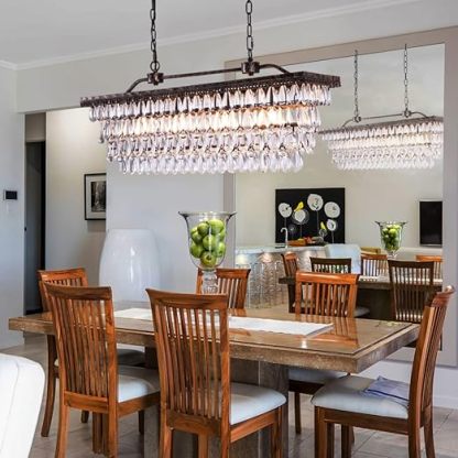 Dining Room Crystal Chandelier,30 inch Antique Bronze Rectangle Crystal Ceiling Light,4 Lights Farmhouse Kitchen Island Lighting
