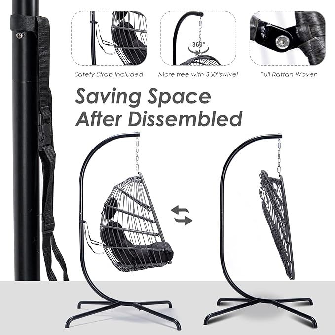 Hanging Egg Chair with Stand Outdoor Swinging Egg Chair with Water Resistant Cushions
