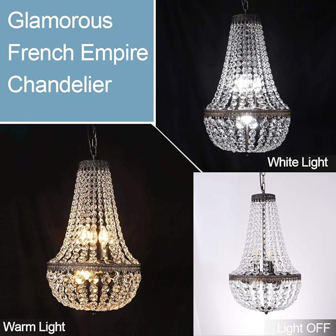 6 Lights French Empire Crystal Chandelier, 13 Inch Farmhouse Pendant Chandeliers Lighting, Adjustable Antique Bronze Ceiling Light