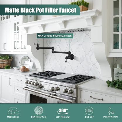 Pot Filler Kitchen Matte Black Dual Handles Wall Mount SUS304 Stainless Steel Single Hole 360 Degrees Rotation Commmercial Faucet Double Joints Modern Strechable Folding Arm Heyalan