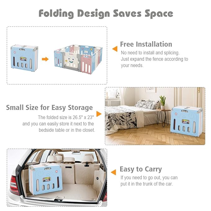14 Panel Foldable Baby Playpen, Anti-Slip Base & Lockable Safety Gate